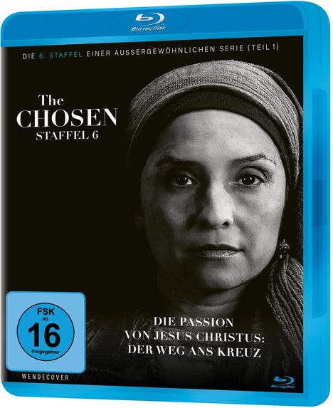 Blaues Blu-ray-Cover. Text: "Die 6. Staffel", "The Chosen Staffel 6", "FSK 16", "Die Passion von Jesus Christus: Der Weg ans Kreuz".