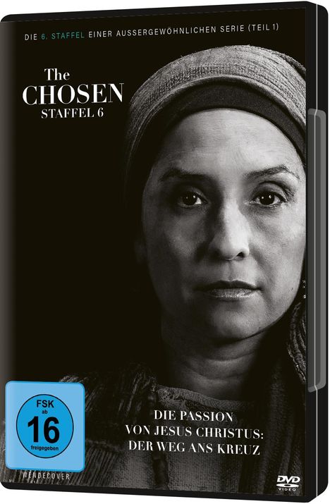„The Chosen, Staffel 6“: Ein Gesicht einer Frau mit Kopftuch, ernst blickend. FSK 16 Logo unten links.