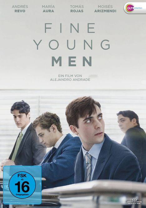 „Fine Young Men“, darunter „Ein Film von Alejandro Andrade“. Junge Männer in Anzügen, einer blickt zur Seite. FSK 16 Logo.