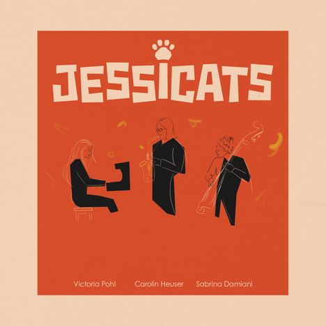 „JESSICATS“ mit einer stilisierten Katzenpfote oben. Unten: Victoria Pohl, Carolin Heuser, Sabrina Damiani. Illustrationen von Musikerinnen.