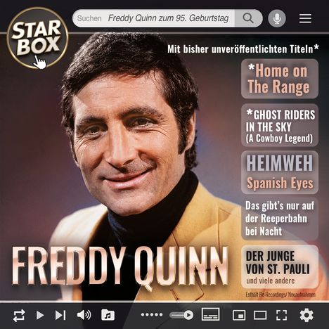 Suche: Freddy Quinn zum 95. Geburtstag. Mit unveröffentlichten Titeln. Freddy Quinn in gelbem Sakko lächelt. STAR BOX-Logo.
