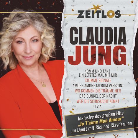 "ZEITLOS CLAUDIA JUNG" mit Titeln. Links Porträt einer Frau mit lockigem Haar und rotem Oberteil.