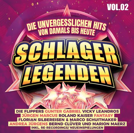 Titel: Schlager Legenden. Text: Die unvergesslichen Hits von damals bis heute. Namen: Die Flippers, Gunter Gabriel, Vicky Leandros. Hintergrund: Pink mit Sternen.