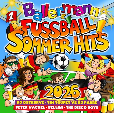 Ballermann Fußball Sommerhits 2026. Menschen jubeln mit Bier, Fußball und Deutschlandfarben. Illustrativ, fröhliche Stimmung.