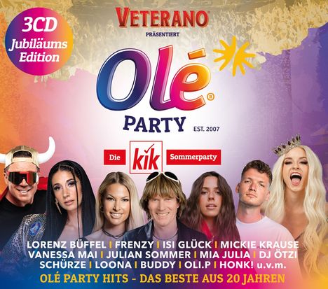 "3CD Jubiläums Edition, Olé Party, EST. 2007, Die kik Sommerparty, Olé Party Hits – Das Beste aus 20 Jahren. Fotos von Künstlern."