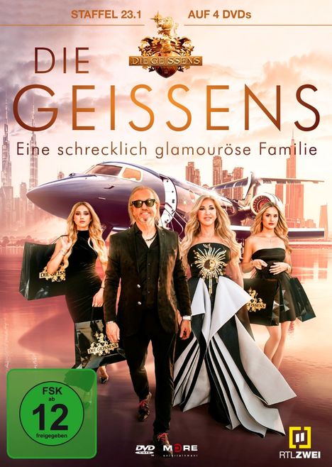 "STAFFEL 23.1 AUF 4 DVDs. Die Geissens: Eine schrecklich glamouröse Familie." Vier elegant gekleidete Personen vor einem Jet.