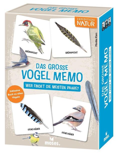 „Das große Vogel Memo“, ein Spiel, um Vogelpaare zu finden. Enthält Abbildungen von Vögeln und Federn wie Grünspecht und Eichelhäher.
