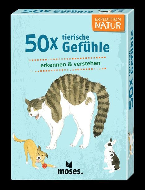 "50x tierische Gefühle erkennen & verstehen". Enthält Illustrationen von einer Katze, einem Hund mit Ball und einem Kaninchen.
