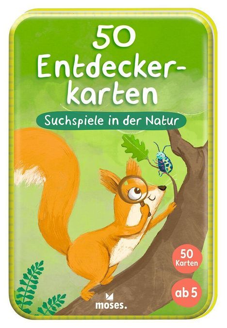 "50 Entdeckerkarten", "Suchspiele in der Natur". Ein neugieriges Eichhörnchen betrachtet einen Käfer durch eine Lupe.