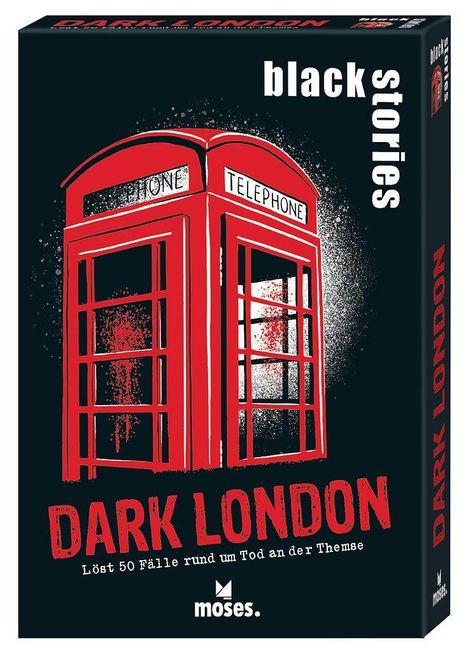 „black stories: DARK LONDON. Löst 50 Fälle rund um Tod an der Themse.“ Illustration einer roten Telefonzelle.