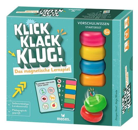 "KLICK KLACK KLUG! Das magnetische Lernspiel" - Vorschulwissen Starterset. Bunte Stapelringe und Karten sind abgebildet.