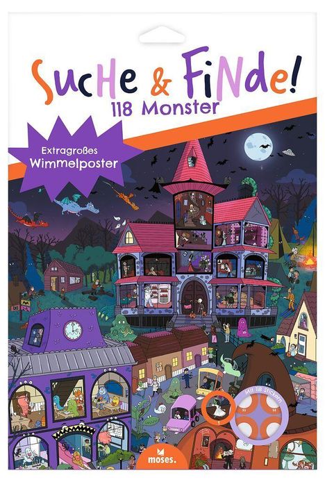 "Suche & Finde! 118 Monster. Extragroßes Wimmelposter." Illustration eines bunten Hauses mit Monstern im Wald.