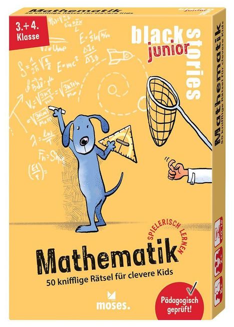 "3.+4. Klasse", "black stories junior", "Mathematik", blauer Hund mit Geodreieck vor Tafel, Spielerisch Lernen.