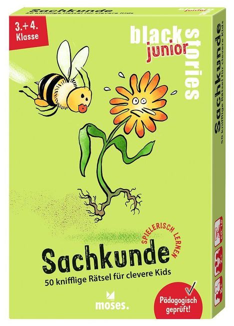 "3. + 4. Klasse", "black stories junior", "Sachkunde", "50 knifflige Rätsel für clevere Kids". Illustration: Biene fliegt zu Blume.