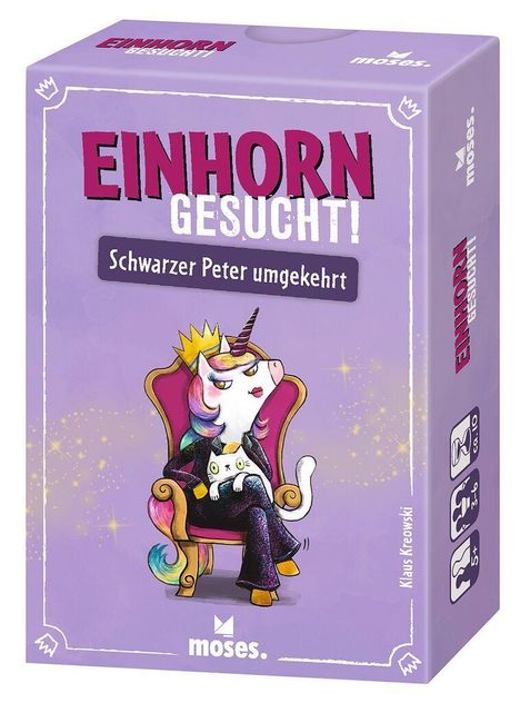 „EINHORN GESUCHT! Schwarzer Peter umgekehrt“ steht in großen Buchstaben. Ein Einhorn sitzt auf einem Thron.