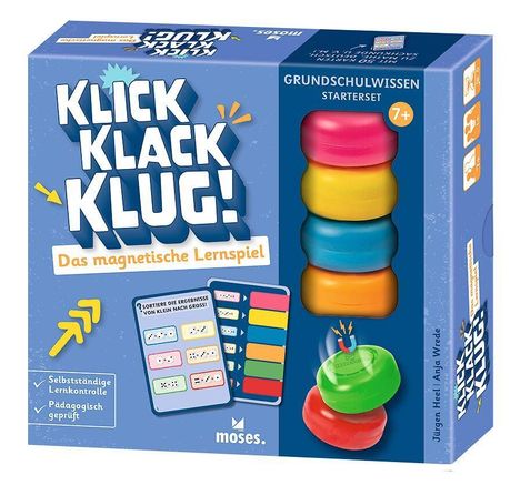 "KLICK KLACK KLUG! Das magnetische Lernspiel" steht auf einer blauen Verpackung mit bunten, stapelbaren Ringen.