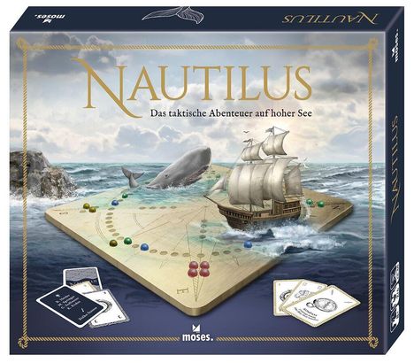 „NAUTILUS – Das taktische Abenteuer auf hoher See“. Ein Segelschiff navigiert ein Spielbrett im Meer, begleitet von einem Wal.