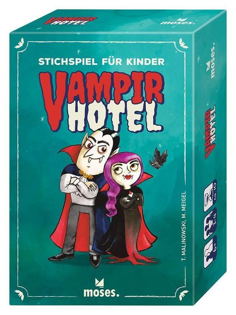 "Stichspiel für Kinder" und "Vampir Hotel" in großen roten Buchstaben, mit Vampir und Vampirin Illustration.