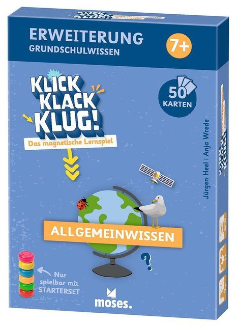 Box mit Texten: "Erweiterung Grundschulwissen", "Klick Klack Klug!", "Allgemeinwissen", "Nur spielbar mit Starterset". Enthält 50 Karten.