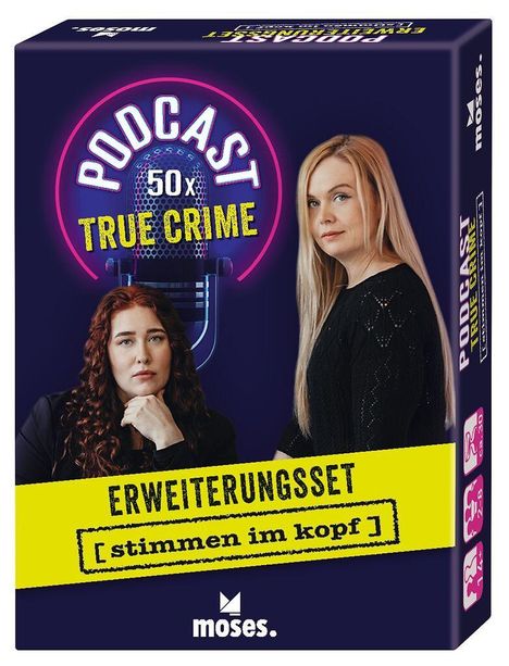 „Podcast 50x True Crime“ mit einem Mikrofon. „Erweiterungsset, Stimmen im Kopf“. Zwei Frauen sind abgebildet.