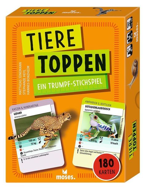 "Tiere Toppen, ein Trumpf-Stichspiel. Katzen & Hundeartige: Gepard, Amphibien & Reptilien: Rotaugenlaubfrosch. 180 Karten."