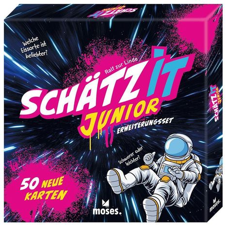 „SCHÄTZ IT JUNIOR ERWEITERUNGSSET“ in kräftigen Farben. Ein Astronaut schwebt im Weltraum. „50 NEUE KARTEN“.