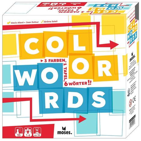 "COLWORDS", "3 FARBEN, 1 TAFEL, 6 WÖRTER!!", Logo von "moses.", bunte Rechtecke, Pfeile.