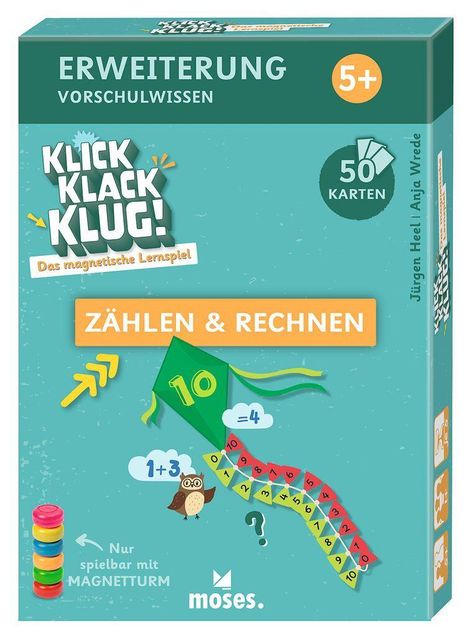 "ERWEITERUNG VORSCHULWISSEN, KLICK KLACK KLUG! ZÄHLEN & RECHNEN, 5+, 50 KARTEN. Illustration eines Drachens mit Zahlen."
