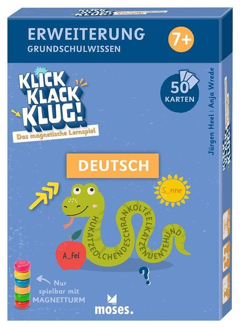 "ERWEITERUNG GRUNDSCHULWISSEN, KLICK KLACK KLUG! 50 KARTEN, DEUTSCH. Illustration: Schlange mit Buchstaben."