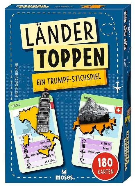 Text: "Länder Toppen", "Ein Trumpf-Stichspiel", "180 Karten". Zwei Karten mit Landkarten und Sehenswürdigkeiten.