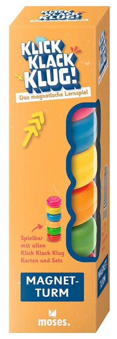 "KLICK KLACK KLUG! Das magnetische Lernspiel. Spielbar mit allen Klick Klack Klug Karten und Sets. MAGNET-TURM. moses."