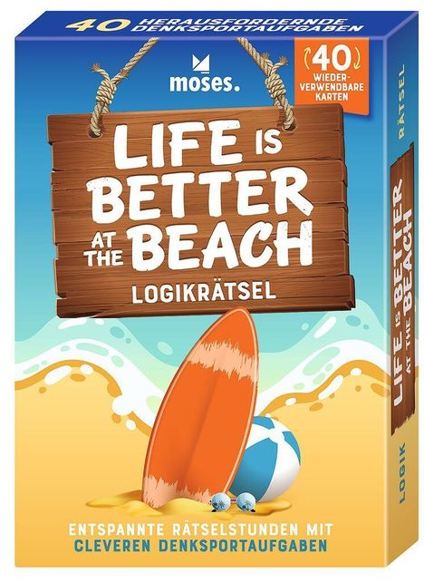 "Life is better at the beach" und "Logikrätsel". Illustration: Surfbrett am Strand, Himmel, Ball, Wellen.