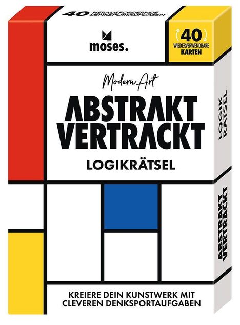 Logo von "moses.", "ABSTRAKT VERTRACKT LOGIKRÄTSEL", "40 wiederverwendbare Karten", Mondrian-Stil Design.