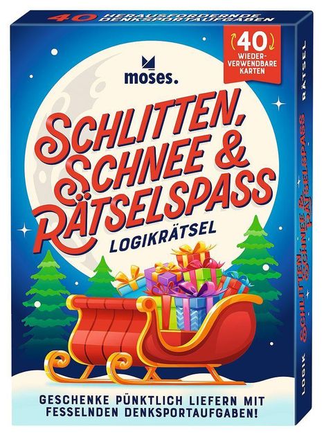 Box für Logikrätsel: "SCHLITTEN, SCHNEE & RÄTSELPASS". Roter Schlitten mit Geschenken, Tannenbäume im Hintergrund.