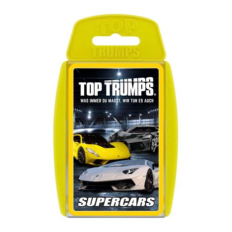 „Top Trumps: Was immer du magst, wir tun es auch. Supercars.“ Illustration mit gelbem und weißem Sportwagen.