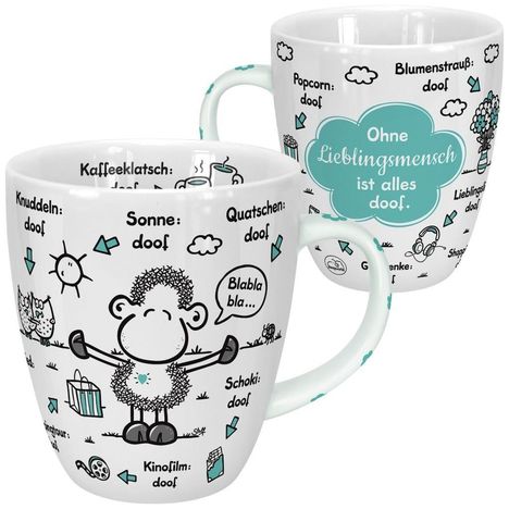 Sheepworld 46508 Tasse Ohne Lieblingsmensch ist alles doof, Wolke, 45 cl, Blau, Geschenktasse, Diverse