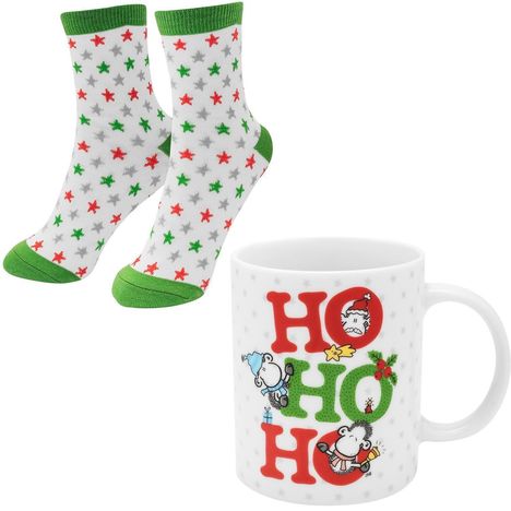 Sheepworld Tassen-Socken-Set bestehend aus einer Tasse mit Motivdruck: "HO HO HO" und einem Paar Socken in Größe 36-40, Diverse