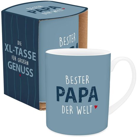 Becher: "Bester Papa der Welt" mit kleinem roten Herz. Verpackung: "Die XL-Tasse für großen Genuss", in Blau.