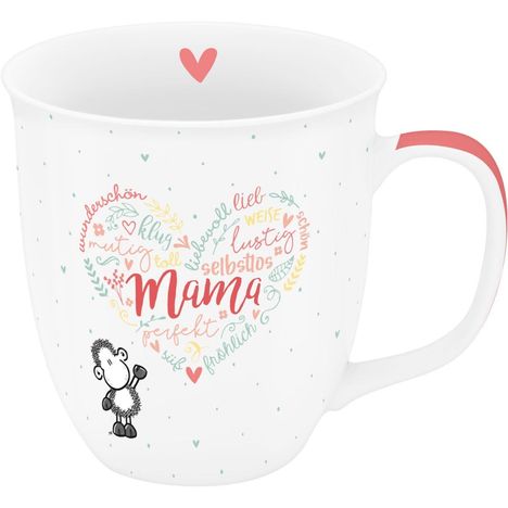 „Mama“ steht in der Mitte eines Herzens aus Worten. Ein Schaf ist unten links. Ein rotes Herz innen oben.