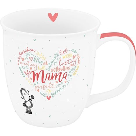 Tasse mit Texten wie "Mama", "perfekt", "klug" in Herzform. Ein kleines Schaf steht daneben. Roter Henkel und Herz oben.