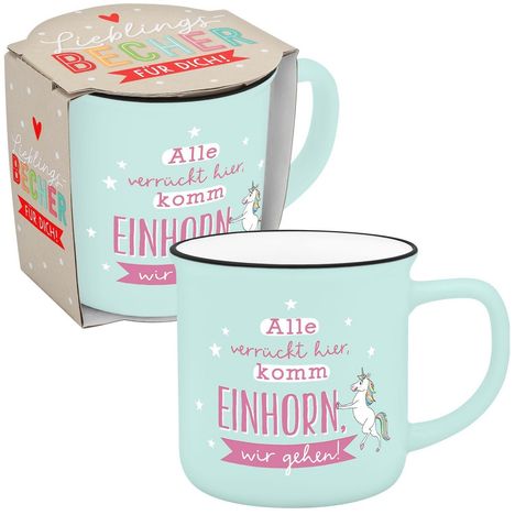 Tasse mit Text "Alle verrückt hier, komm EINHORN, wir gehen!" und Einhorn-Illustration, farbenfrohe Verpackung.