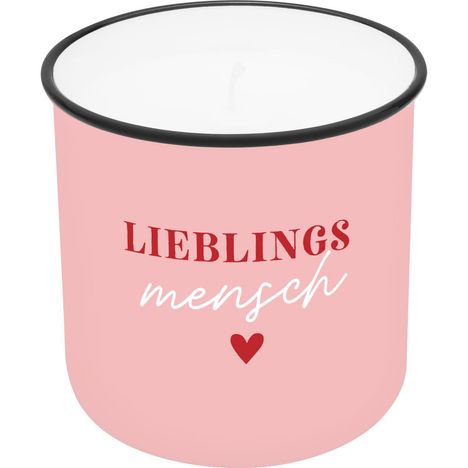 Auf einem rosa Hintergrund steht "LIEBLINGS mensch" mit einem roten Herz darunter. Es ist ein Kerzenbecher.