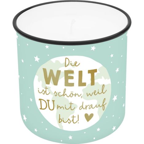 Lieblingskerze in Emailleoptik Motiv "Die Welt ist schön, weil .....", Diverse