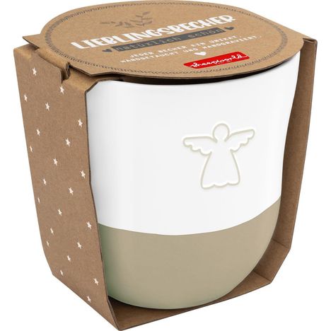 "LIEBLINGSBECHER, natürlich schön," auf brauner Verpackung mit Sternen, Becher mit geprägtem Engel.