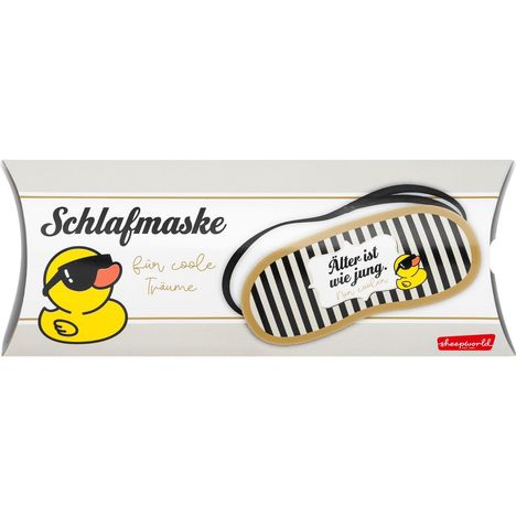"Schlafmaske für coole Träume" steht in geschwungener Schrift. Daneben eine gelbe Ente mit Sonnenbrille und eine Maske.