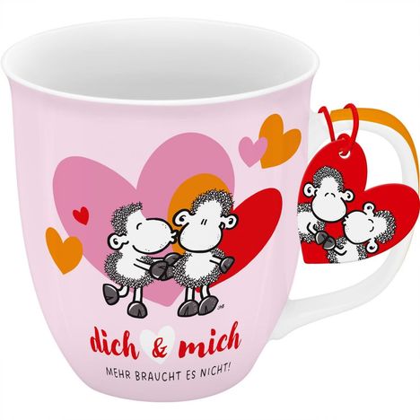 Text: "dich & mich, mehr braucht es nicht!" Illustration: Zwei Schafe vor Herzen in Rosa, Rot und Orange auf einer rosa Tasse.