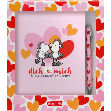 "dich & mich MEHR BRAUCHT ES NICHT!" Illustration: Zwei verliebte Schafe vor bunten Herzen, Geschenkbox mit Stift.
