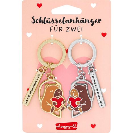 Text: „Schlüsselanhänger für zwei“, „Ich hab Dich soooo lieb!“. Anhänger mit niedlichen Biberfiguren, die Herzen halten.