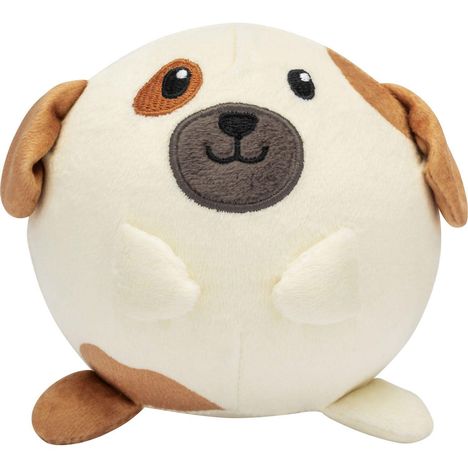 Ein kugelrundes Plüschspielzeug in Hundeform mit braunen und weißen Partien, samt Ohren und gesticktem Gesicht.