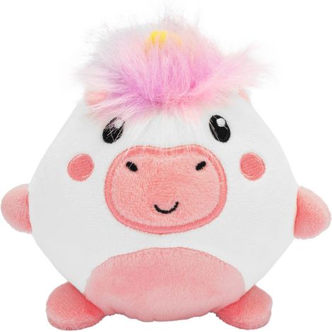 Ein rundes, plüschiges Einhornspielzeug mit rosa Schnauze, rosa Wangen, schwarzem Lächeln und pinkem, wuscheligem Haar.